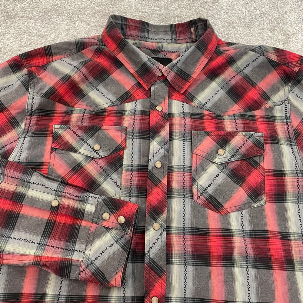 Prana Shirt Mens XL Red Grey Plaid Pearl Snap Front Western Cowboy Mountain